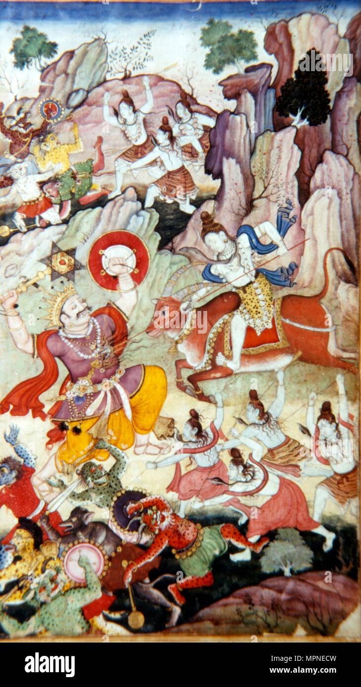 Siva zerstört den Dämon und Haka, Harivamsa Manuskript, Mughal Schule, c 1590. Artist: Unbekannt. Stockfoto