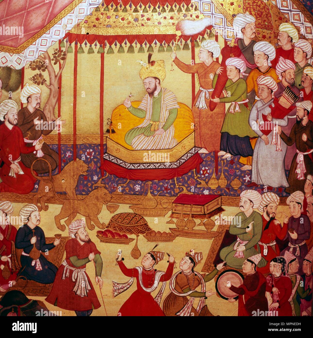 Timur thront bei Festen, Mughal manuscript, 1600-1601. Artist: Unbekannt. Stockfoto