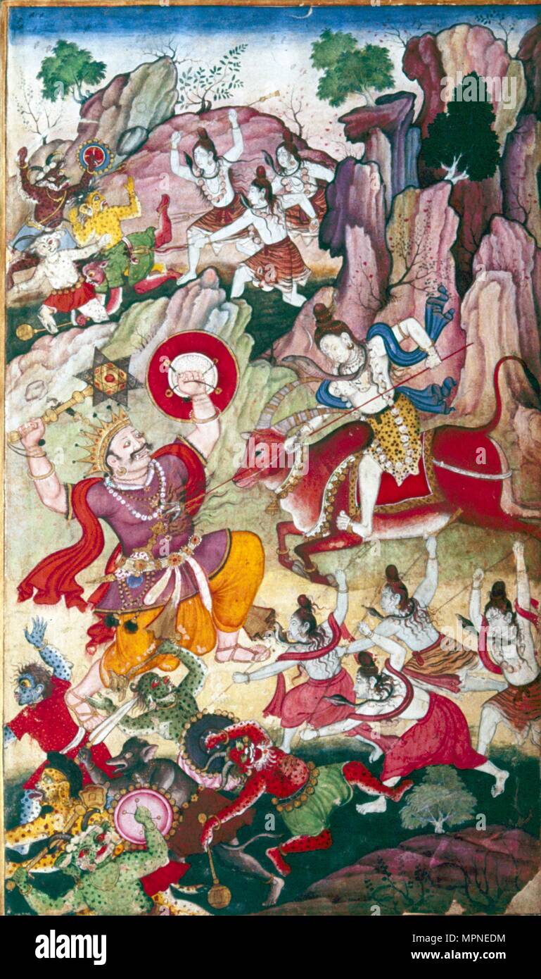 Siva zerstört die Dämonen Andhaka, Harivamsa Manuskript, Mughul, c 1590. Artist: Unbekannt. Stockfoto