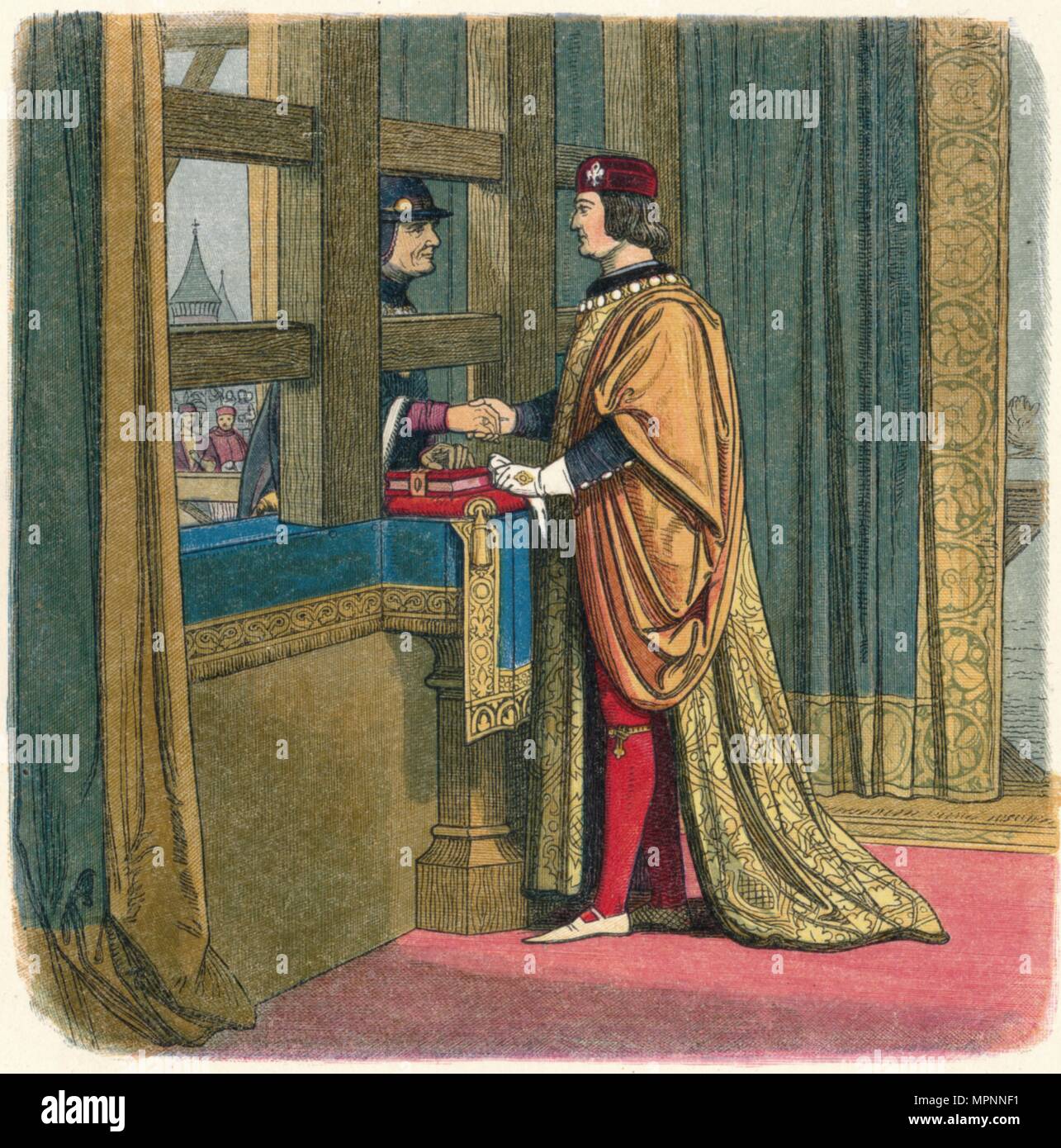 'Meeting von Edward IV. und Ludwig XI. an Pecquigny', 1475 (1864). Artist: James William Edmund Doyle. Stockfoto