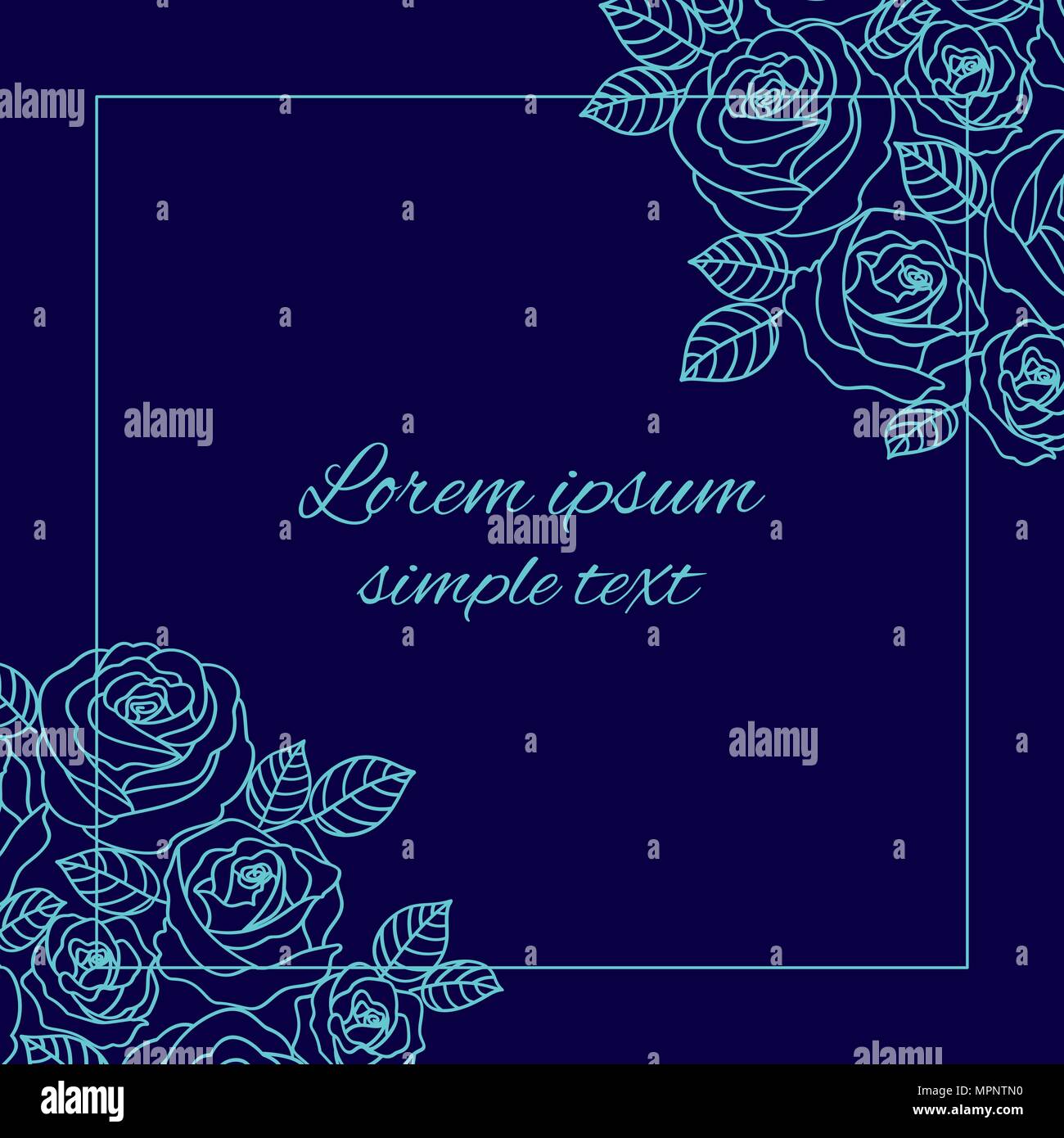 Vektor blass blauen Umrandung Rosen Kranz auf dem marine blau Hintergrund Grußkarte mit quadratischen Rahmen, kopieren. Blumen für die Dekoration Stock Vektor