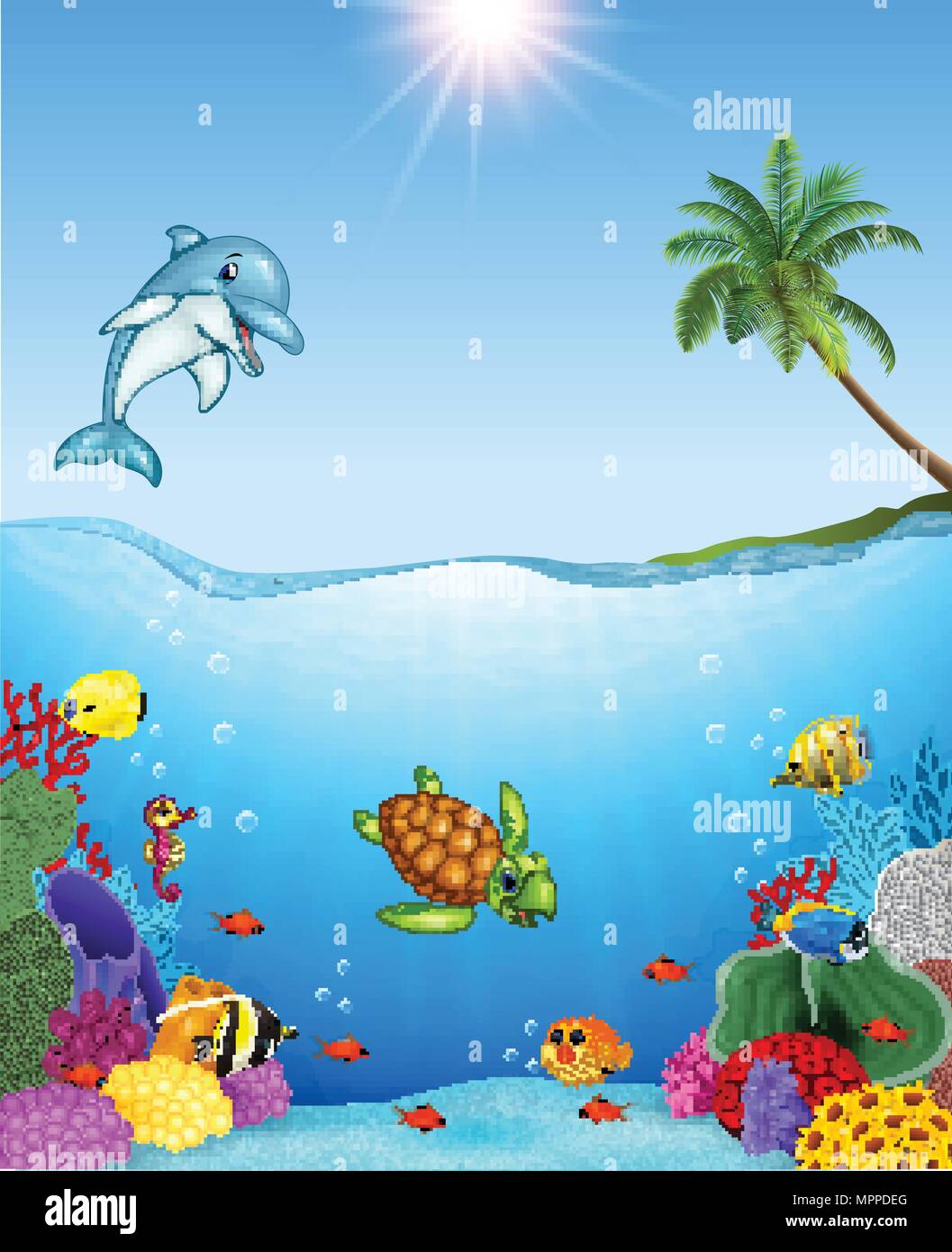 Cartoon, tropische Fische und Unterwasserwelt mit Korallen Stock Vektor