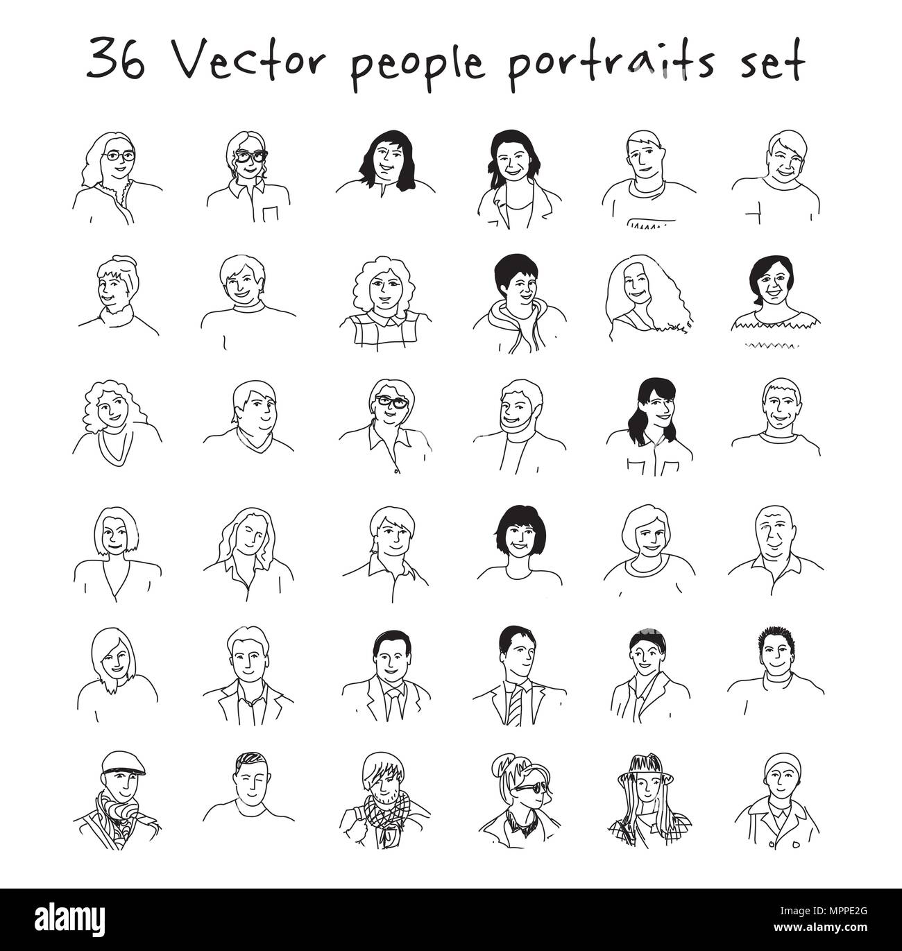 Happy erwachsener Menschen Gesichter Icons Set Schwarz und Weiß Stock Vektor