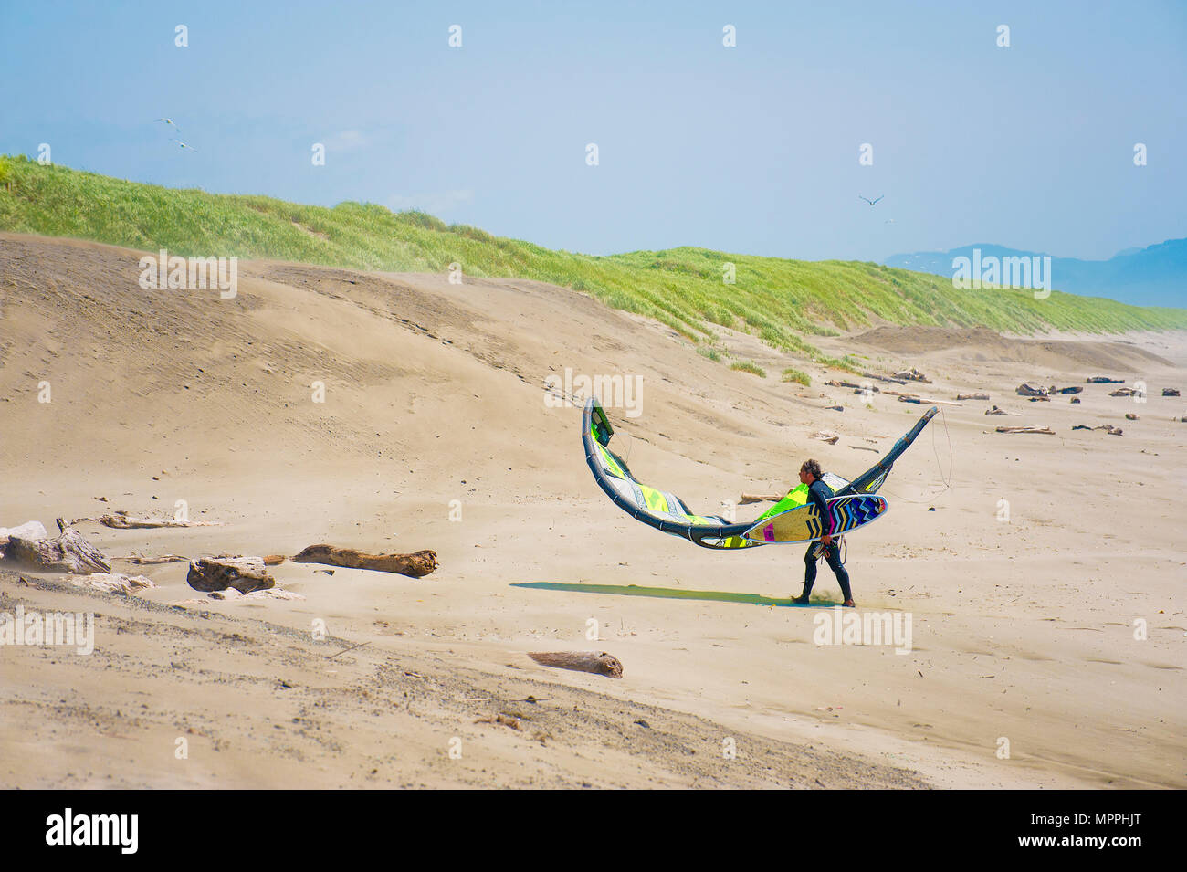 Warrenton, Virginia, USA - 30. Mai 2014: ein Windsurfer trägt seinen Vorstand vom windigen Strand an Ft. Stevens Park an der Küste von Oregon. Stockfoto