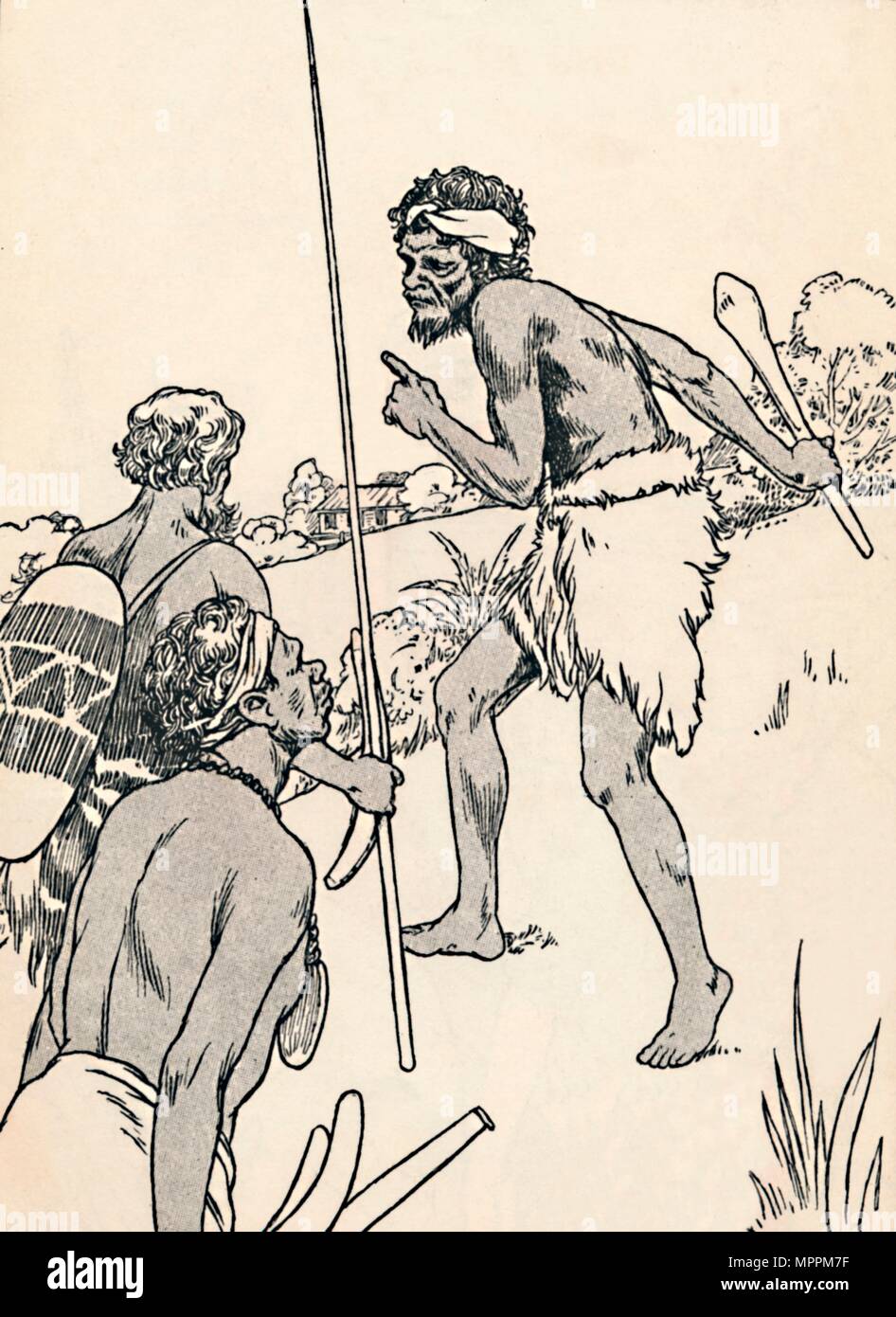 Die Männer der Aborigines der Annäherung an einen Siedler Farm, 1912. Künstler: Charles Robinson. Stockfoto