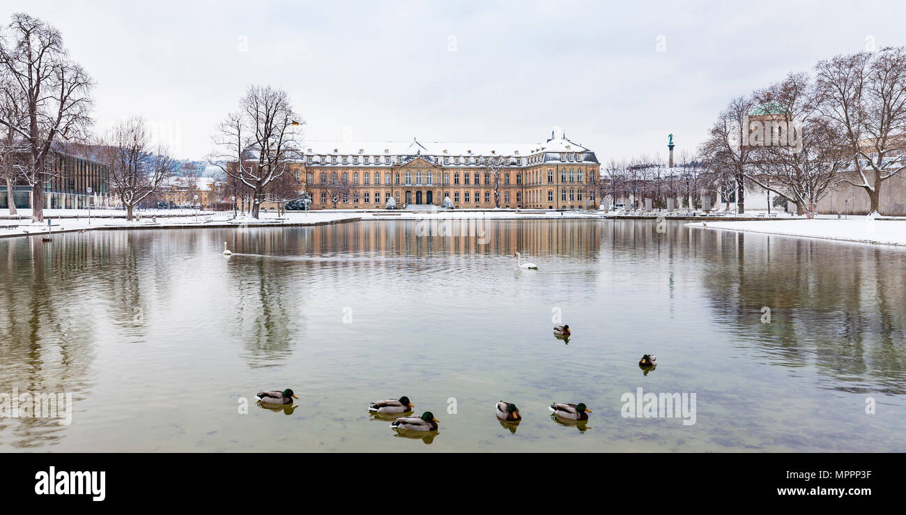 Deutschland, Baden-Württemberg, Stuttgart, Neues Schloss, See Eckensee im Winter Stockfoto