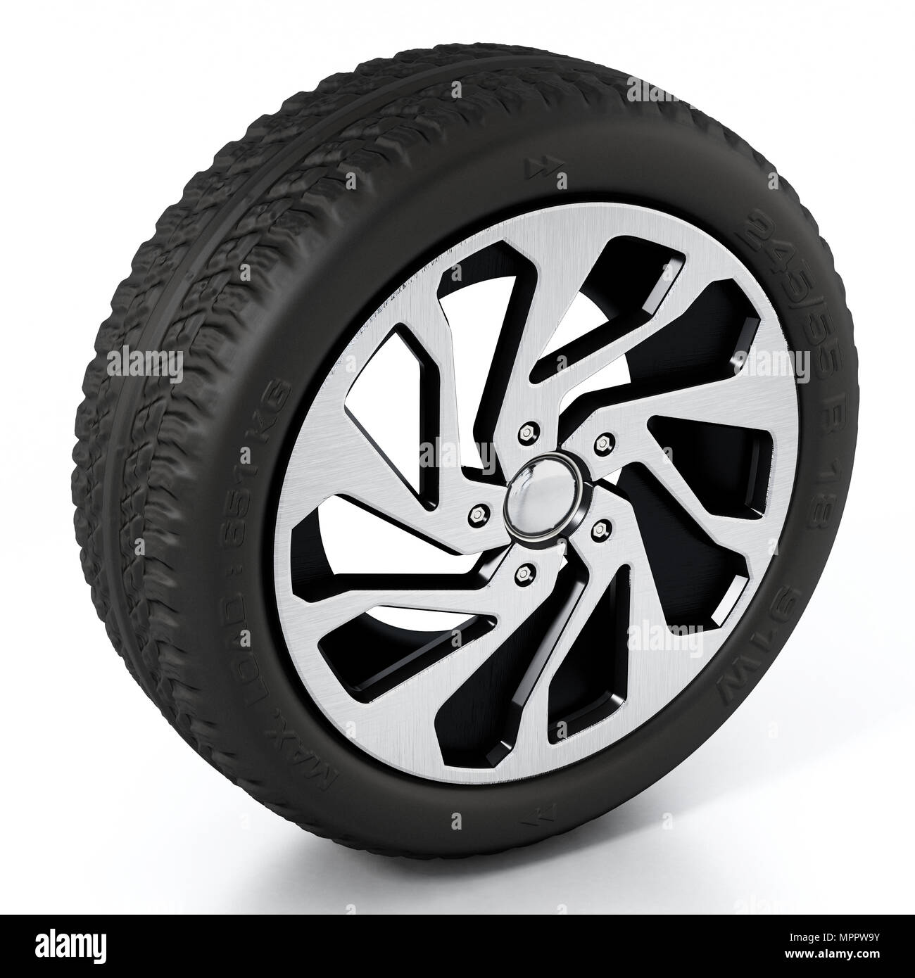 Low profile sport Reifen und Felge auf weißem Hintergrund. 3D-Darstellung. Stockfoto