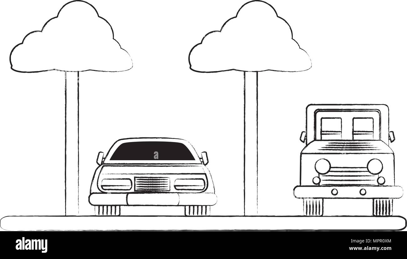 Geparkte Autos in der Parkzone mit Bäumen auf weißem Hintergrund, Vector Illustration Stock Vektor