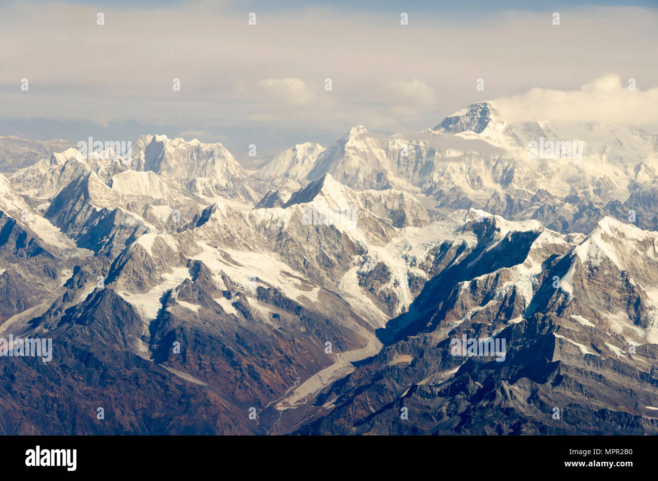 Die schneebedeckten Berge, den Mount Everest, den höchsten Berg der Welt, Himalaya, Nepal Stockfoto