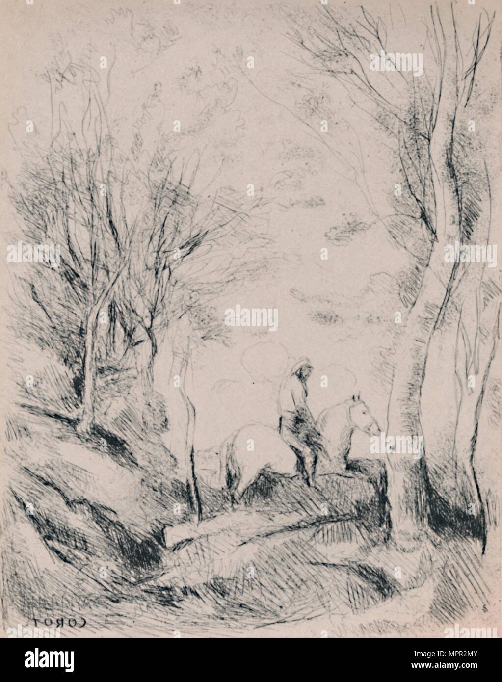 "Die Reiter in den Wald", 1854, (1946). Künstler: Jean-Baptiste-Camille Corot. Stockfoto