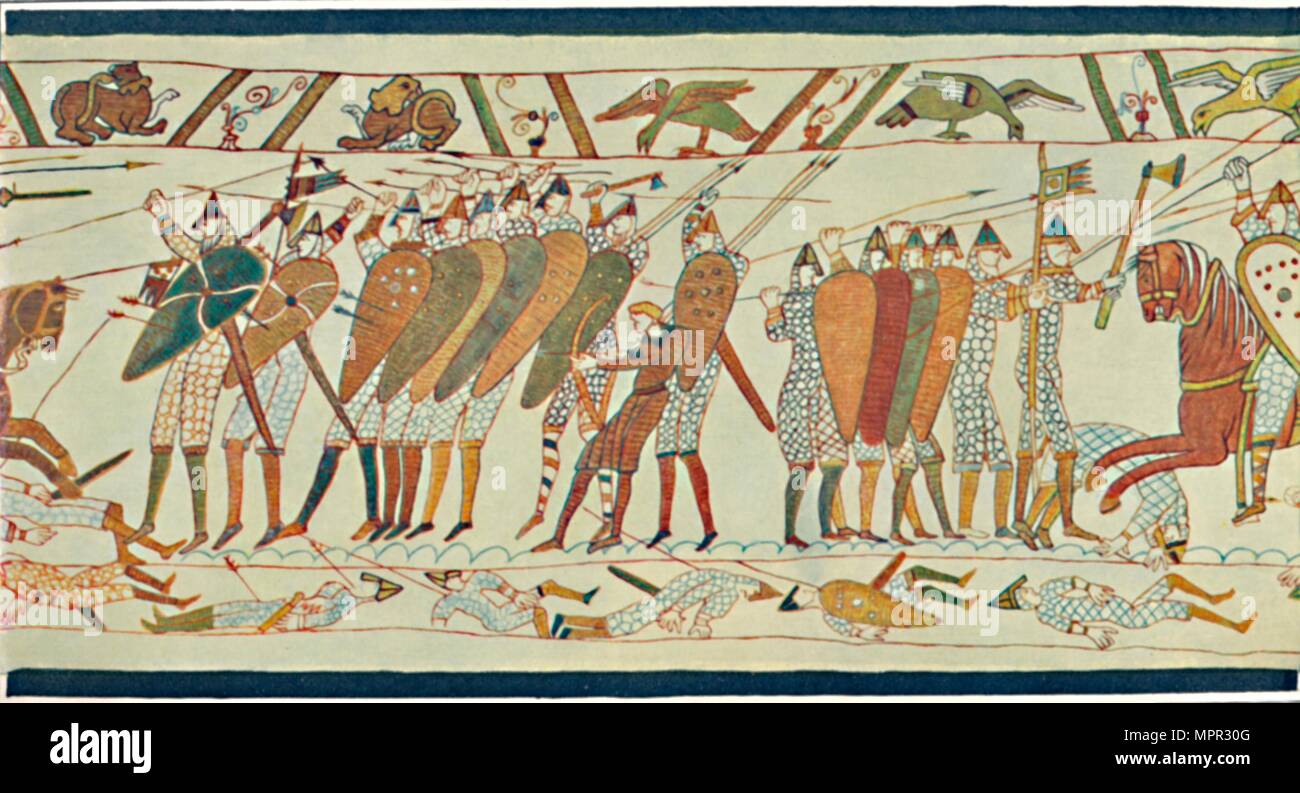 "Der Beginn der Schlacht von senlac (Teppich von Bayeux)', c 15. Jahrhundert (1902). Artist: Unbekannt. Stockfoto