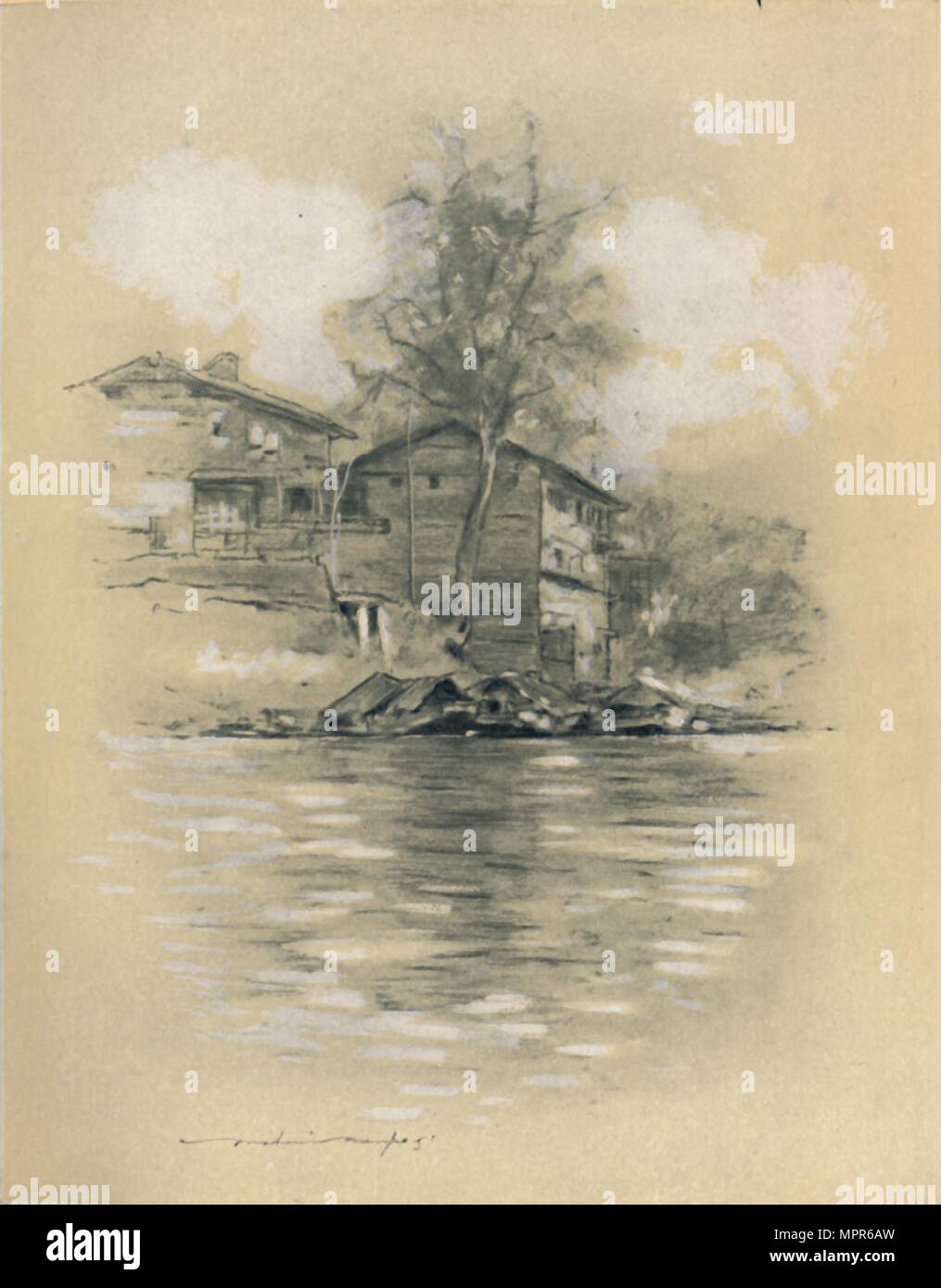 "Fluss Wohnung in Srinagar', 1903. Artist: Mortimer L Menpes. Stockfoto