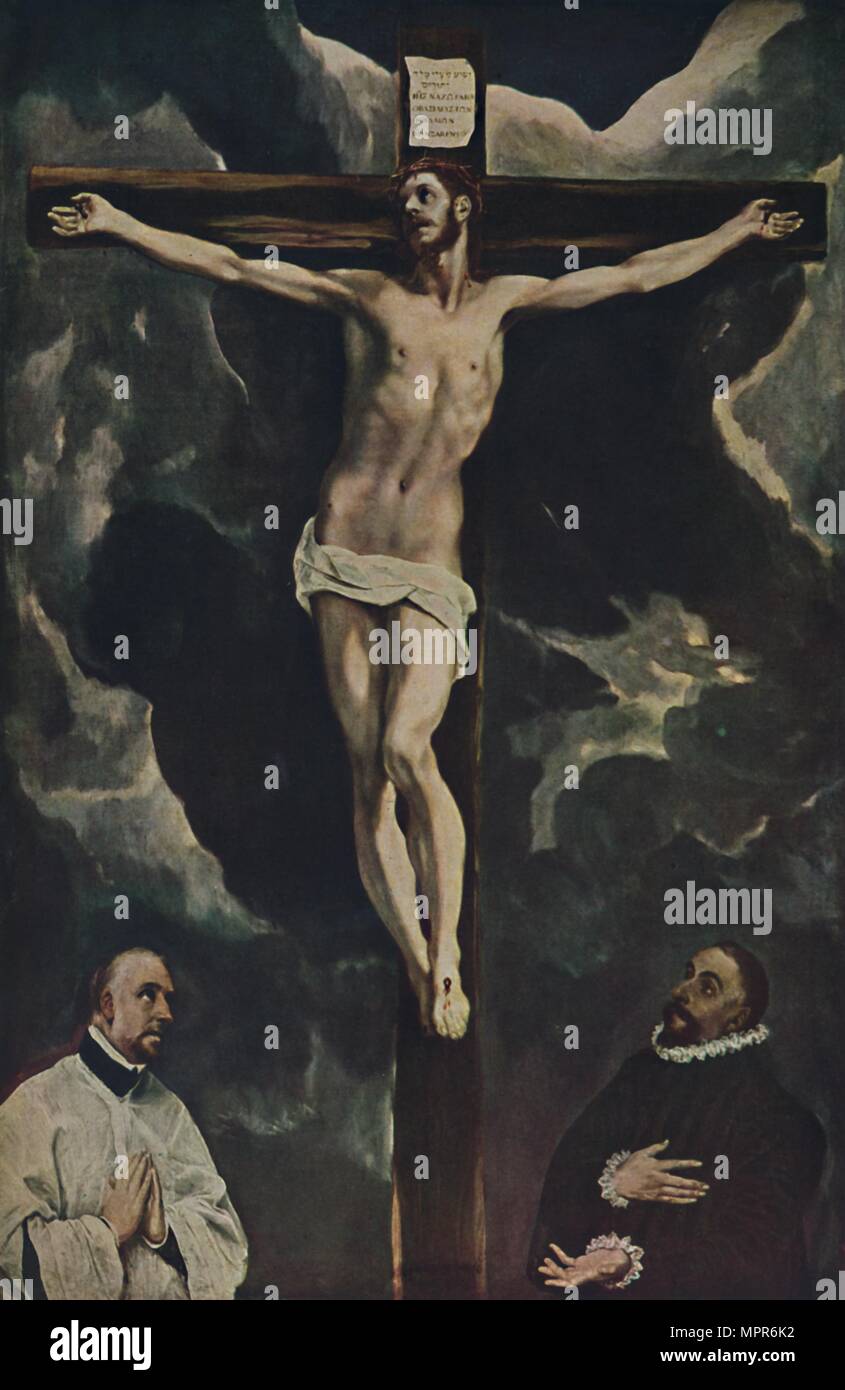"Christus am Kreuz, mit zwei Stiftern" (Christus am Kreuz verehrt, die von den Geldgebern), c 1590 (1938). Artist: El Greco. Stockfoto