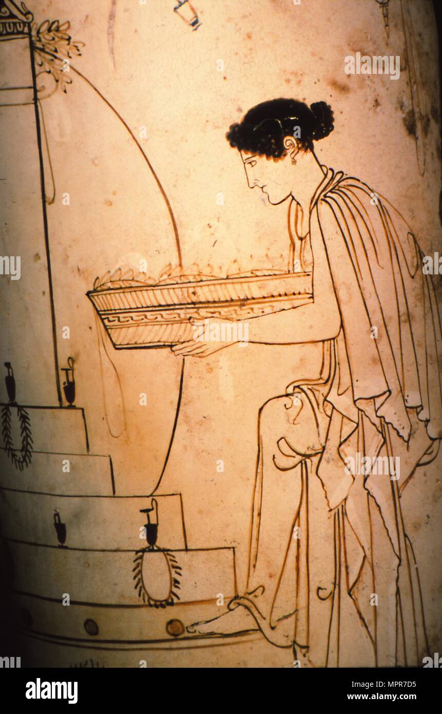 Griechische Vase-Painting, eine Frau bringt, die zu einem Altar, c 5. Jahrhundert v. Chr.. Artist: Unbekannt. Stockfoto