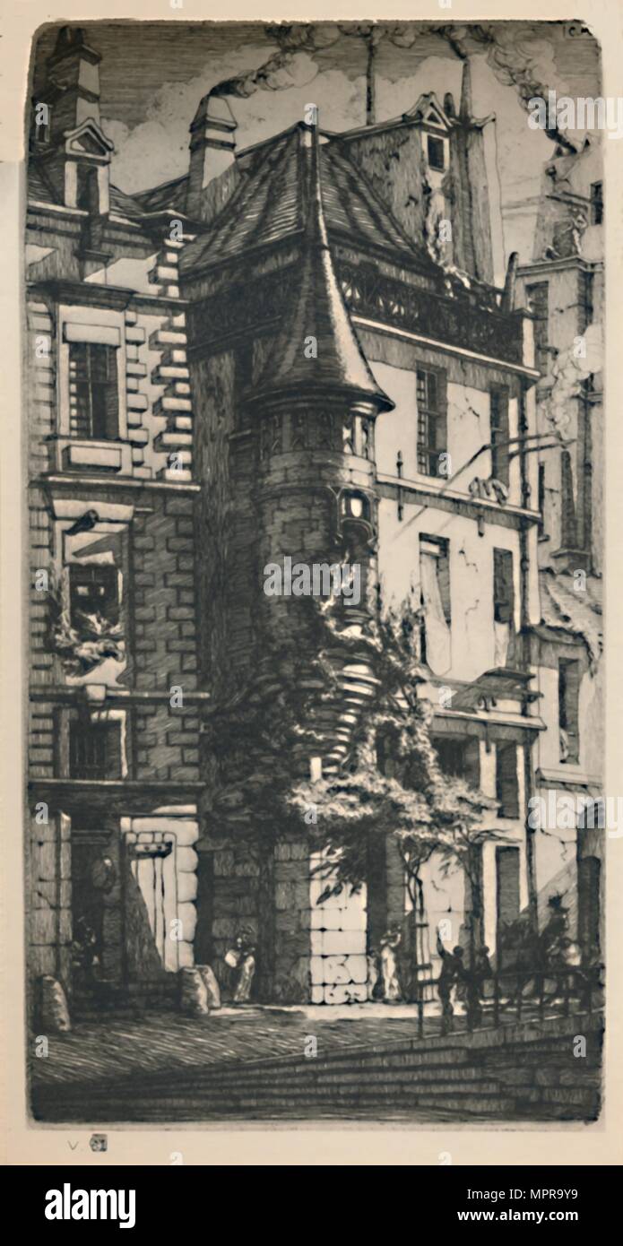 "Tourelle De La Rue De La Tixéranderie (2., 9 3/4 x 5 3/16 Zoll)", 1852, (1927). Künstler: Charles Meryon. Stockfoto