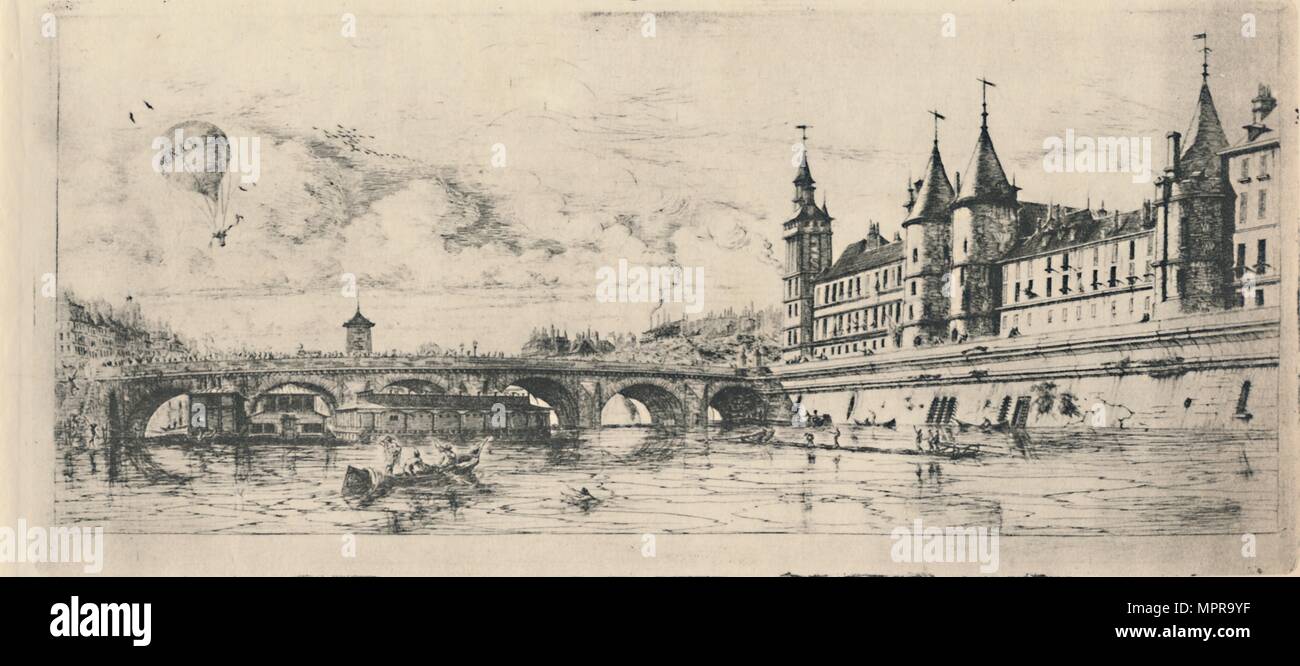 'Le Pont-Au-Änderung (2. Zustand, 6 1/8 x 13 1/16 Zoll)", 1854, (1927). Künstler: Charles Meryon. Stockfoto