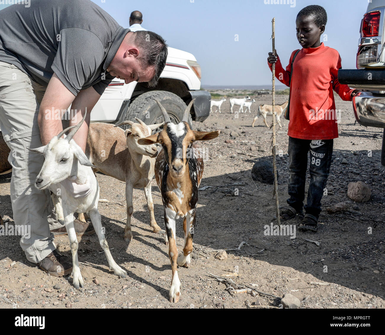 U.S. Army Major Gary Brown, verwaltet 418th Civil Affairs-Bataillon (FxSP) Leitender Tierarzt Anti-Parasiten Medikamente während einer Hilfsmission der Tierarzt außerhalb Dikhil, Dschibuti, 28. März 2017. Mission zur Unterstützung der Tierarzt soll verbessern die Fähigkeiten der lokalen Tiergesundheit Arbeitnehmer, sorgen für das Wohlbefinden der Tiere Herde und landwirtschaftliche und wirtschaftliche Stabilität, während die Förderung positiver Beziehungen zwischen den USA und Partner Nationen stärken. (Foto von Staff Sgt Christian Jadot U.S. Air National Guard) Stockfoto