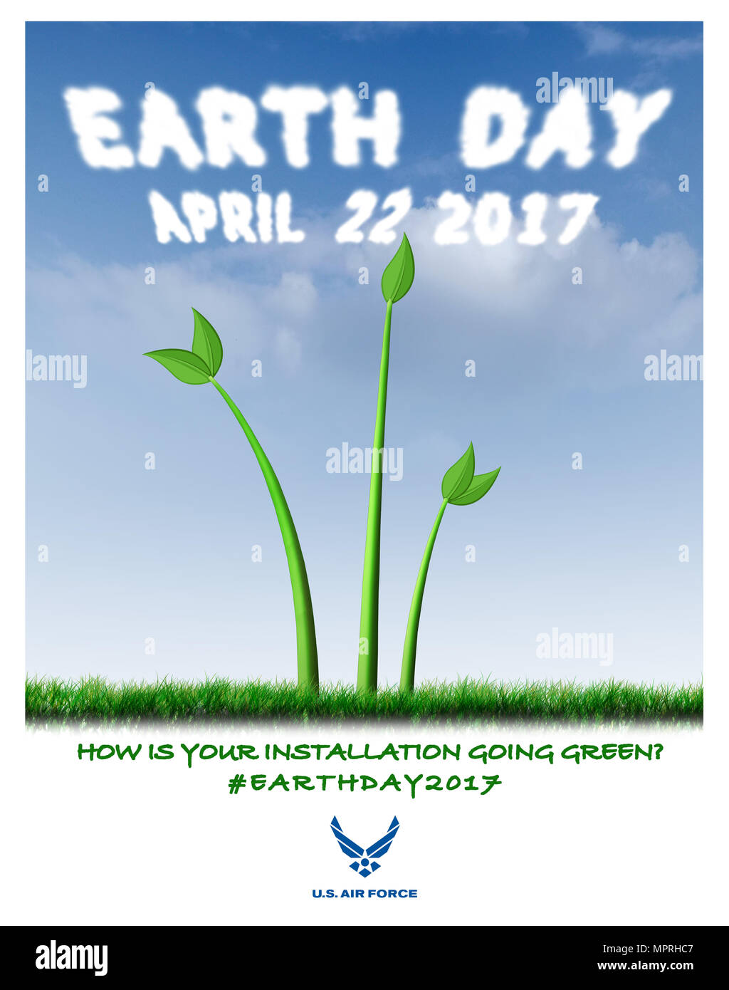 Die United States Air Force fördert Anlagen zur Teilnahme an der Einhaltung der Earth Day am 22. April 2017 gehendes Grün Methoden und Energie sparende Ideen über social Media mit #EarthDay2017 teilen. Das digitale Kunstwerk zeigt das Konzept der Air Force Engagement für saubere Luft mit einem man-Werk, die Air Force Memorial ähnelt sprießen zu einem blauen Himmel. Druckgröße ist 22 x 28'. Stockfoto