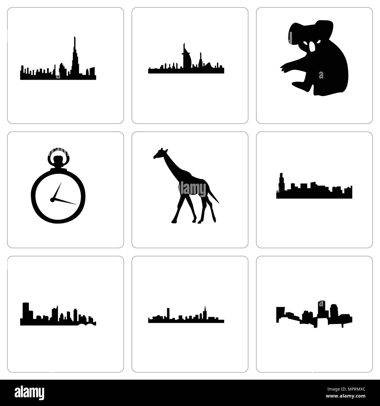 Satz von 9 einfache editierbare Ikonen wie Boston, Austin, Chicago, Giraffe, Taschenuhr, Koala, Dubai, können für mobile, Web verwendet werden. Stock Vektor