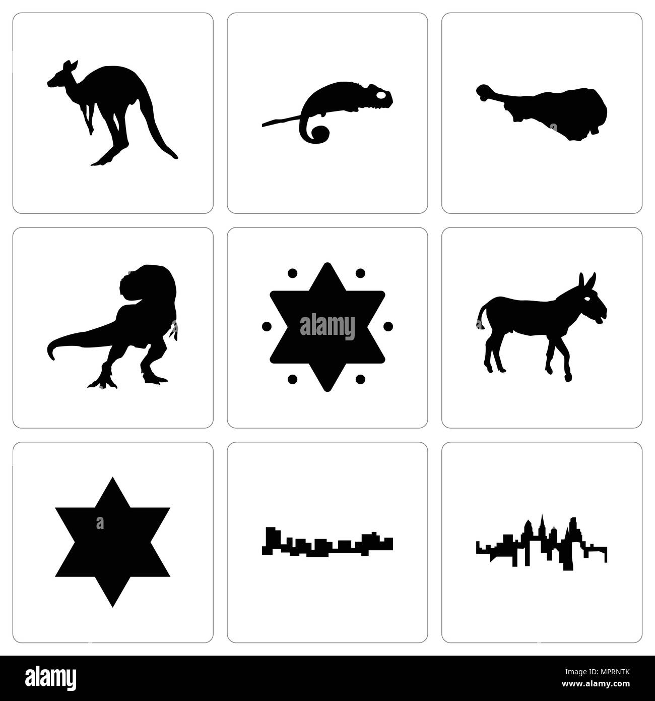 Satz von 9 einfache editierbare Ikonen wie Pennsylvania State, Jamaika, David Stern, Esel, T-Rex, Türkei Bein, Chamäleon, Känguru, können für mob verwendet werden. Stock Vektor