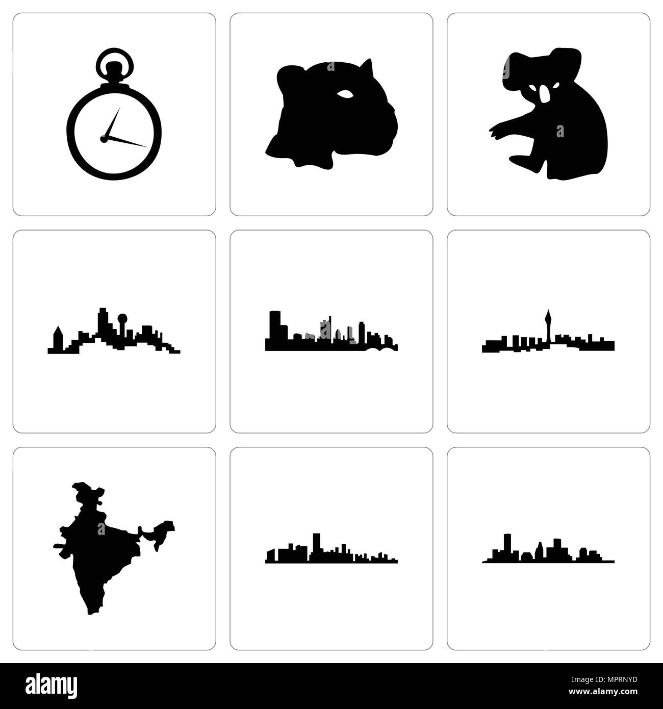 Satz von 9 einfache editierbare Symbole wie Houston, Florida, Indien Karte, Las Vegas, Austin, Dallas, Koala, Jaguar Gesicht, Taschenuhr, können für mobil verwendet werden. Stock Vektor
