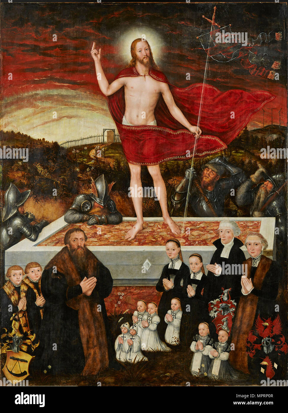 Die Auferstehung Christi mit den Gebern (Epitaph für die Badehorn Familie), 1554. Stockfoto