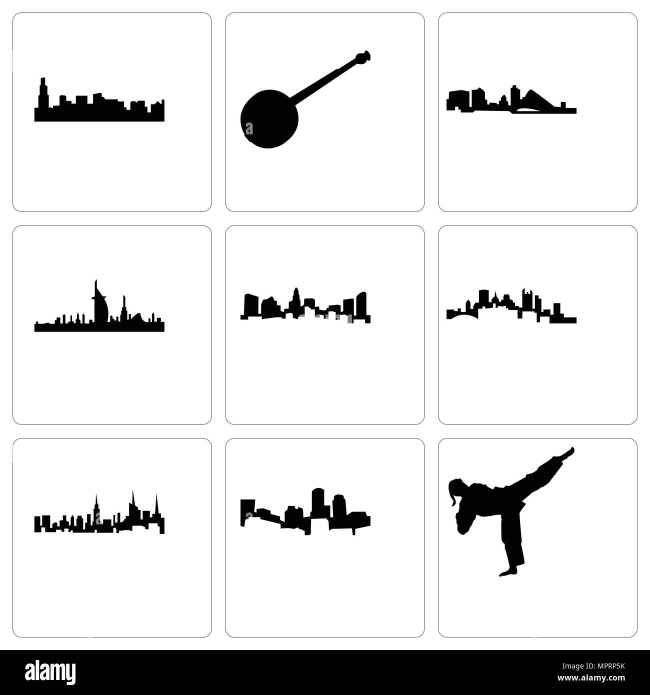 Satz von 9 einfache editierbare Ikonen wie Karate Kick, Boston, New York, Pittsburgh, Charlotte, Dubai, Wisconsin, Banjo, Chicago, können für mobile, Web verwendet werden. Stock Vektor