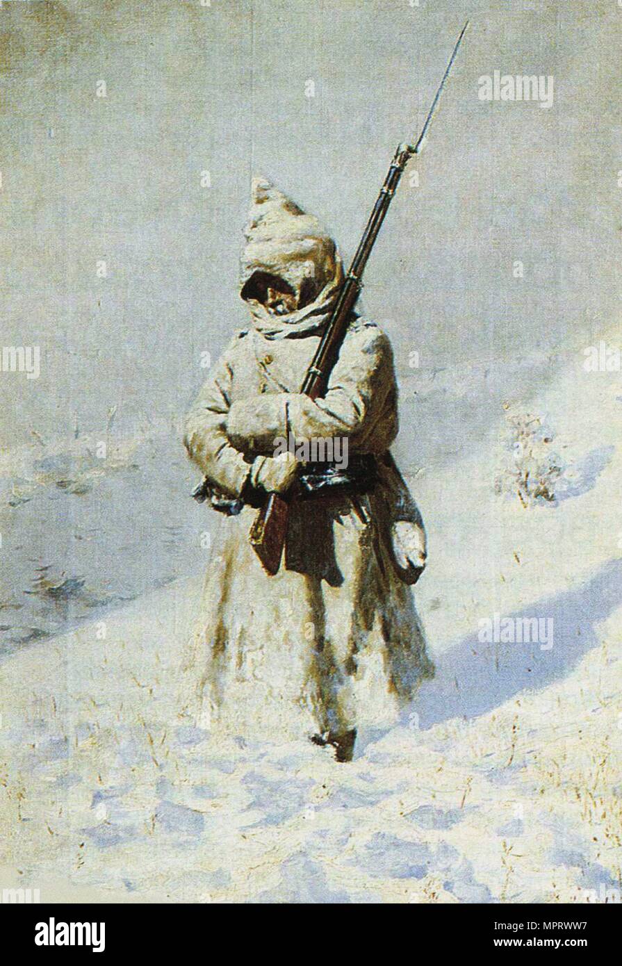 Soldat im Schnee (Alle ruhig auf der Schipkapass). Stockfoto