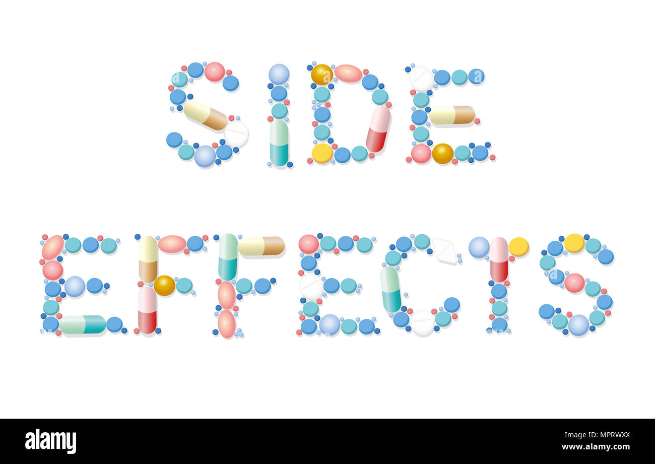 Nebenwirkungen, die mit Pillen, Tabletten und Kapseln geschrieben - Abbildung auf weißem Hintergrund. Stockfoto