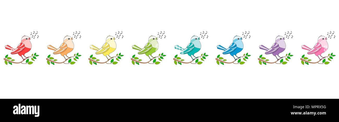 Singvögel in einer Reihe wie eine c-dur Line - acht regenbogenfarbenen Zwitschern und Zirpen und singen die Vögel. Comic Illustration auf weißem Hintergrund. Stockfoto