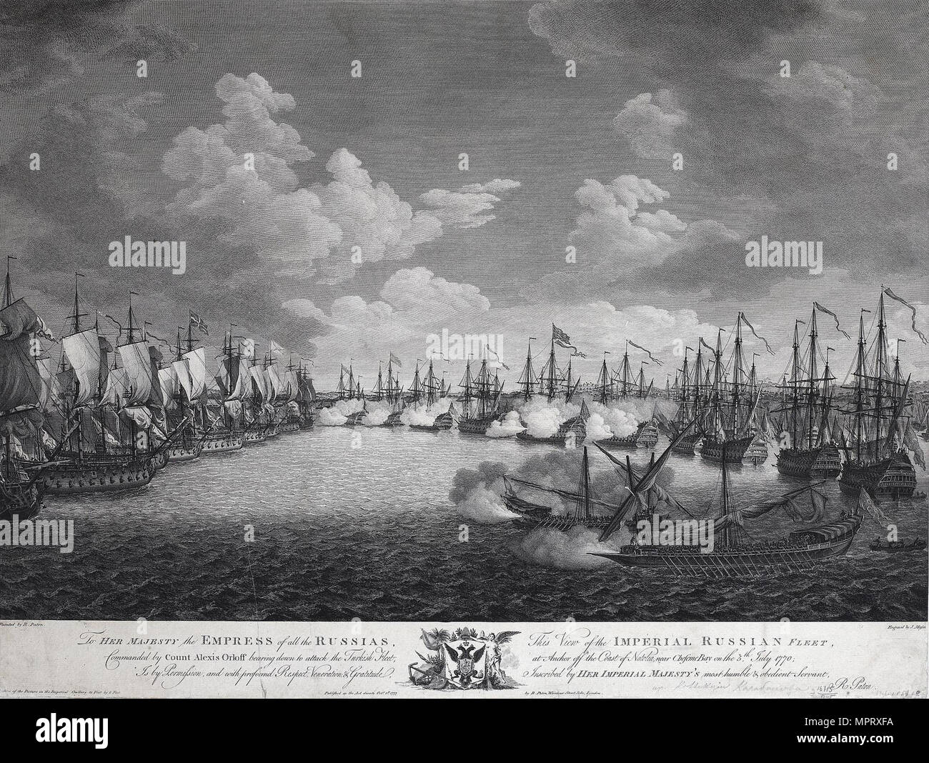 Russische und Türkische Flotte vor der Schlacht von Chesma am 5. Juli 1770. Stockfoto