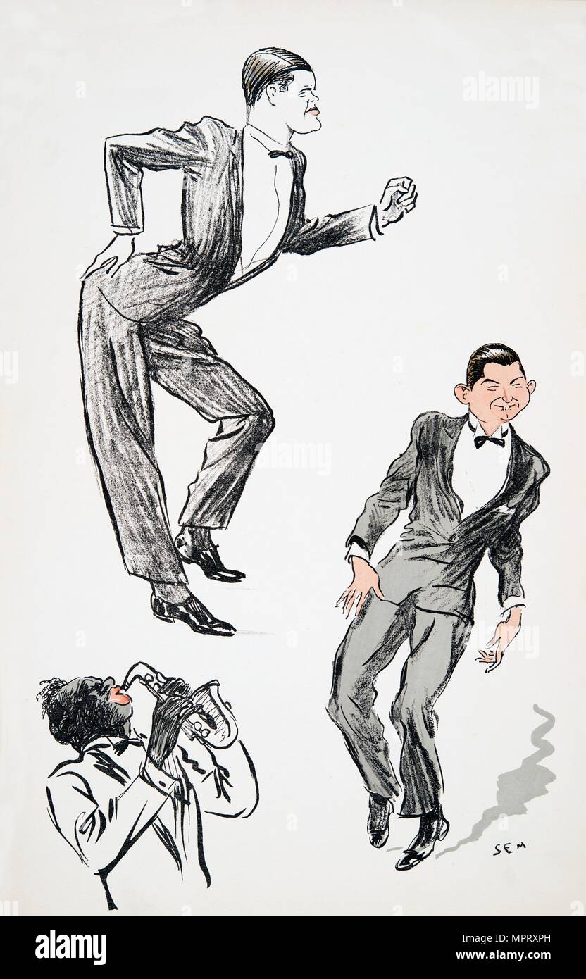 Zwei Männer in schwarzen Riegel Tanz ein Musiker auf dem Saxophon, von 'Weiß' Pub aufsitzt. 1927. Stockfoto