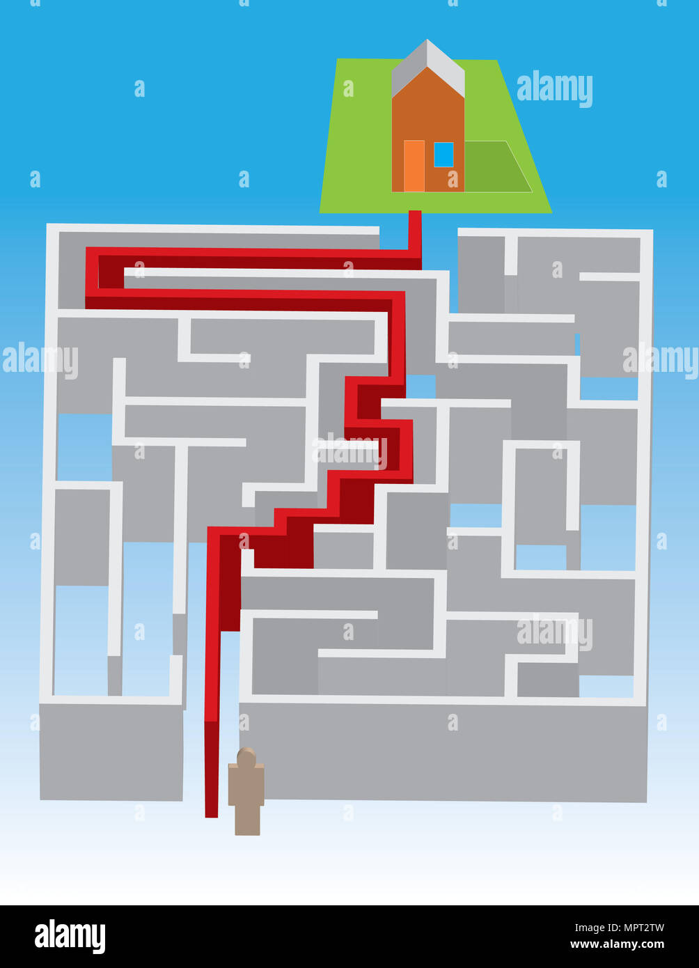 Rote Linie durch Labyrinth, Die zu Haus Stockfoto