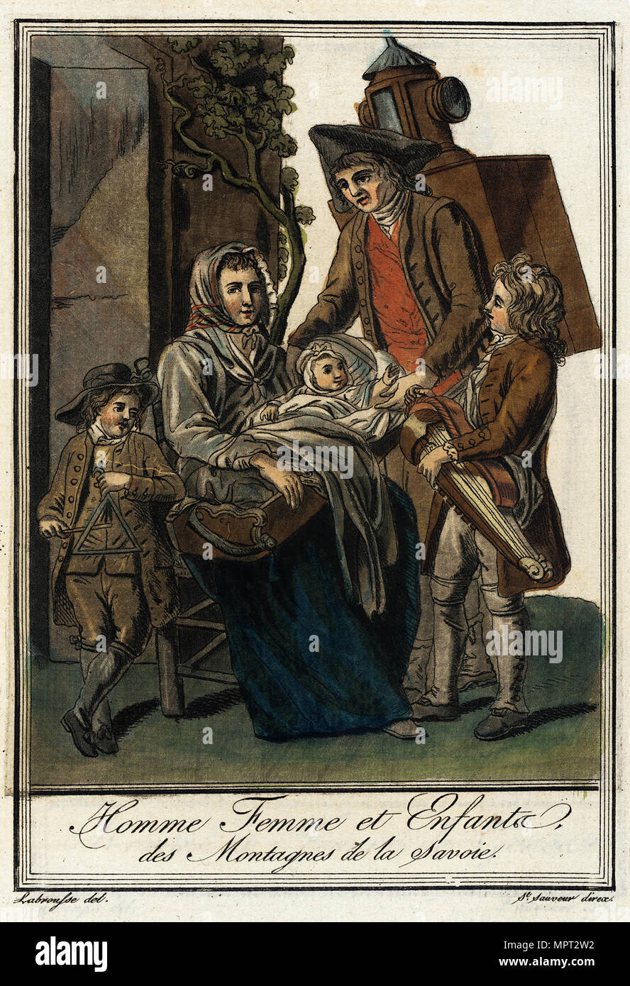 Mann, Frau und Kindern in den Bergen von Savoyen, ca 1797. Stockfoto