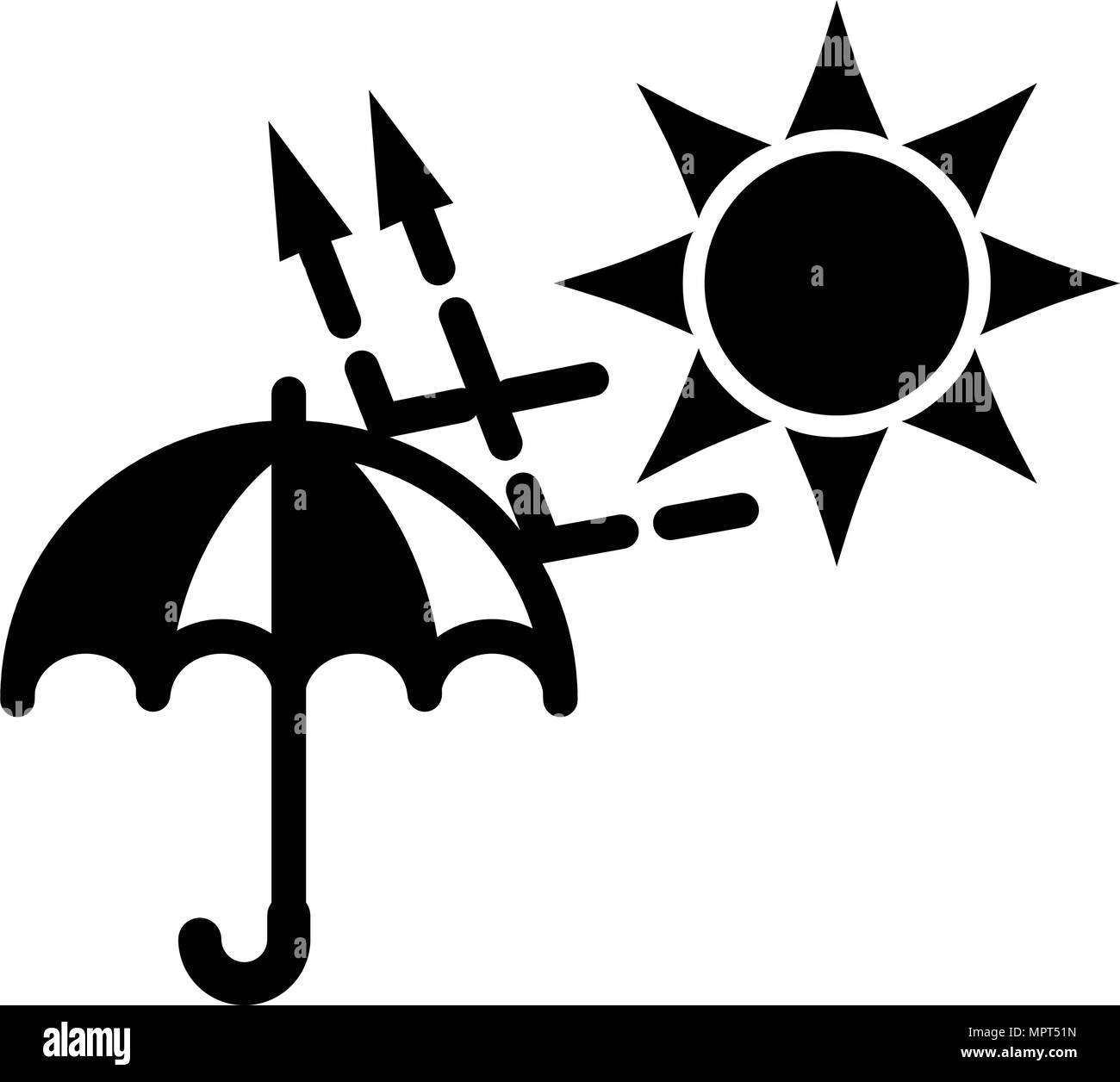 Einfache schwarze und weiße Sonne (UVA, UVB) Schutz Symbol. Sonnenstrahlen mit Pfeilen springt vom Dach. Stock Vektor