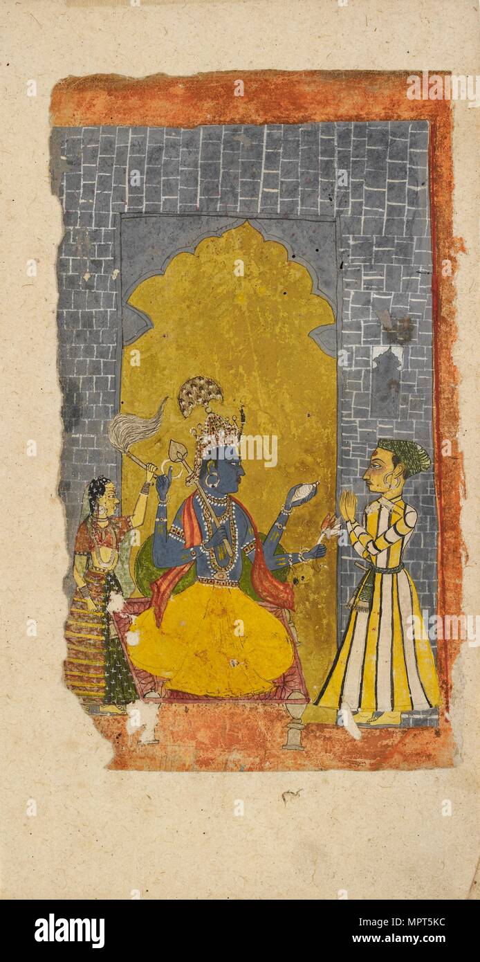 Vishnu mit fürstlichen Devotee vor ihm thront, c 1700-1725. Artist: Unbekannt. Stockfoto