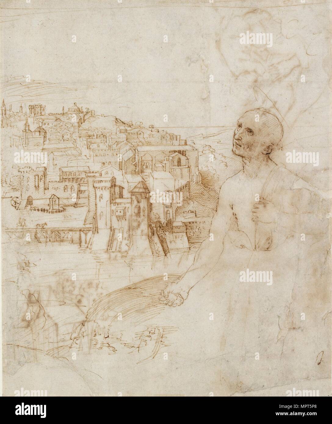 Ansicht der Stadt von Perugia, mit dem Beichtenden Hl. Hieronymus im Vordergrund, 1500-1504. Artist: Perugino. Stockfoto