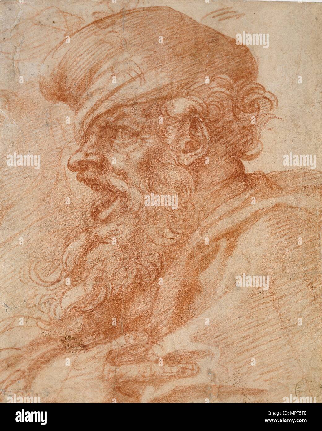 Kopf eines bärtigen Mannes schreiend, aus dem 16. Jahrhundert. Künstler: Michelangelo Buonarroti. Stockfoto