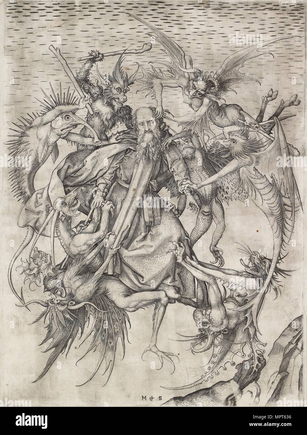 Die Wirrungen der hl. Antonius, der Ende des 15. Jahrhunderts. Artist: Martin Schongauer. Stockfoto