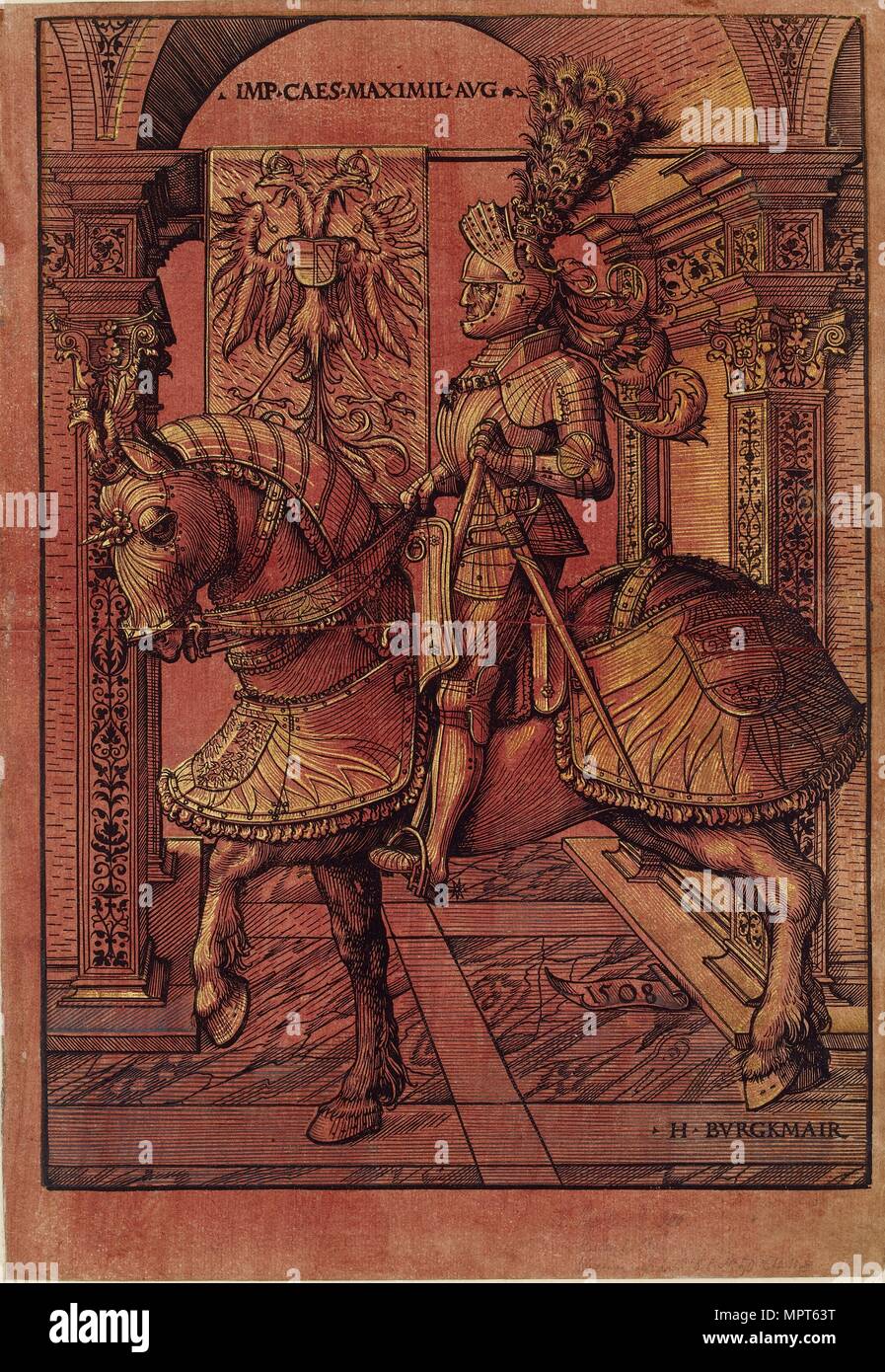 Kaiser Maximilian I., bewaffnet mit dem Pferd, 1508. Künstler: Hans Burgkmair der Ältere. Stockfoto