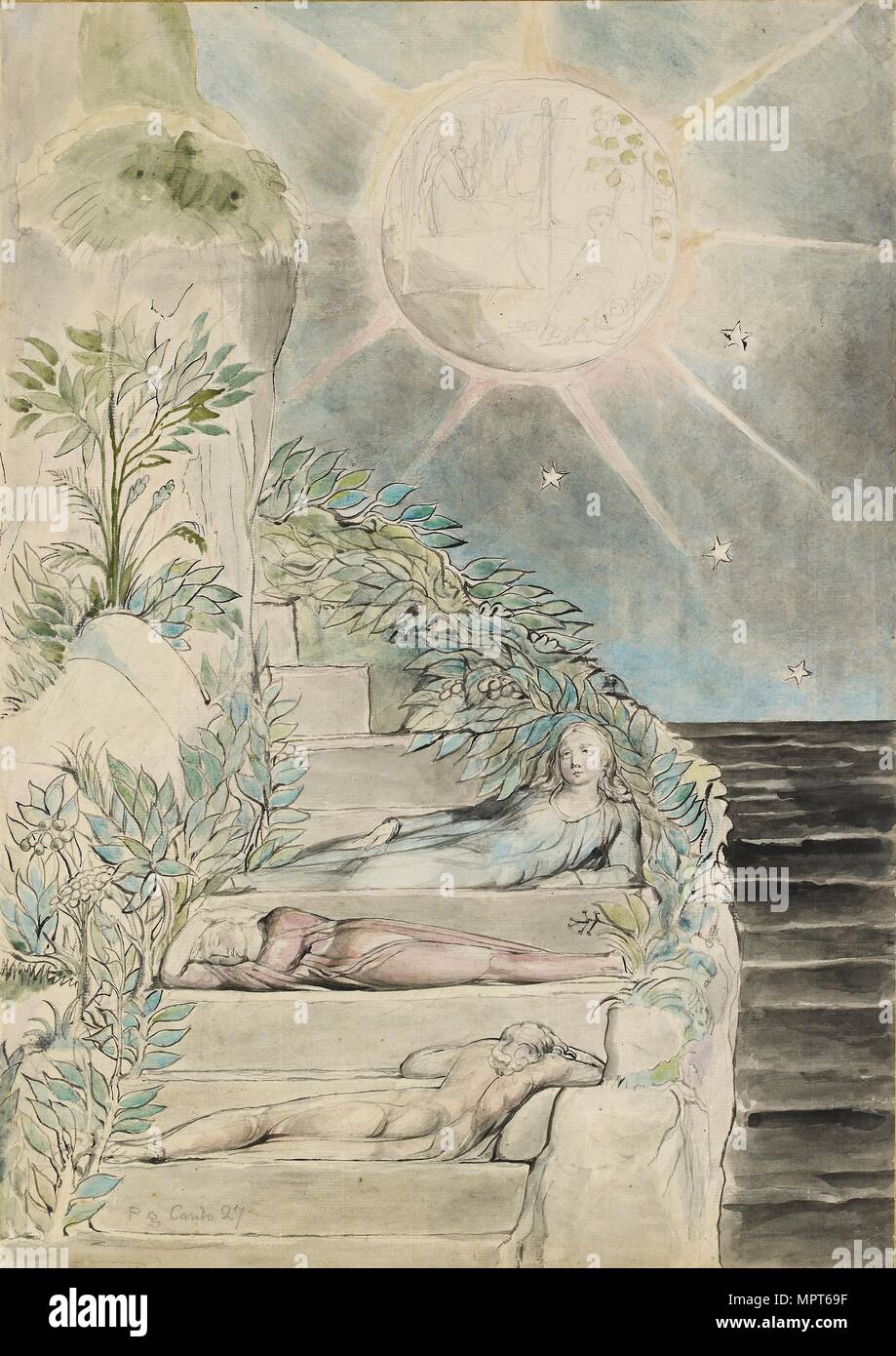 Dante und Vergil Statius schlafen, beobachten (Abbildung der 'Göttlichen Komödie', Purgatorio XXVII), Künstler: William Blake. Stockfoto