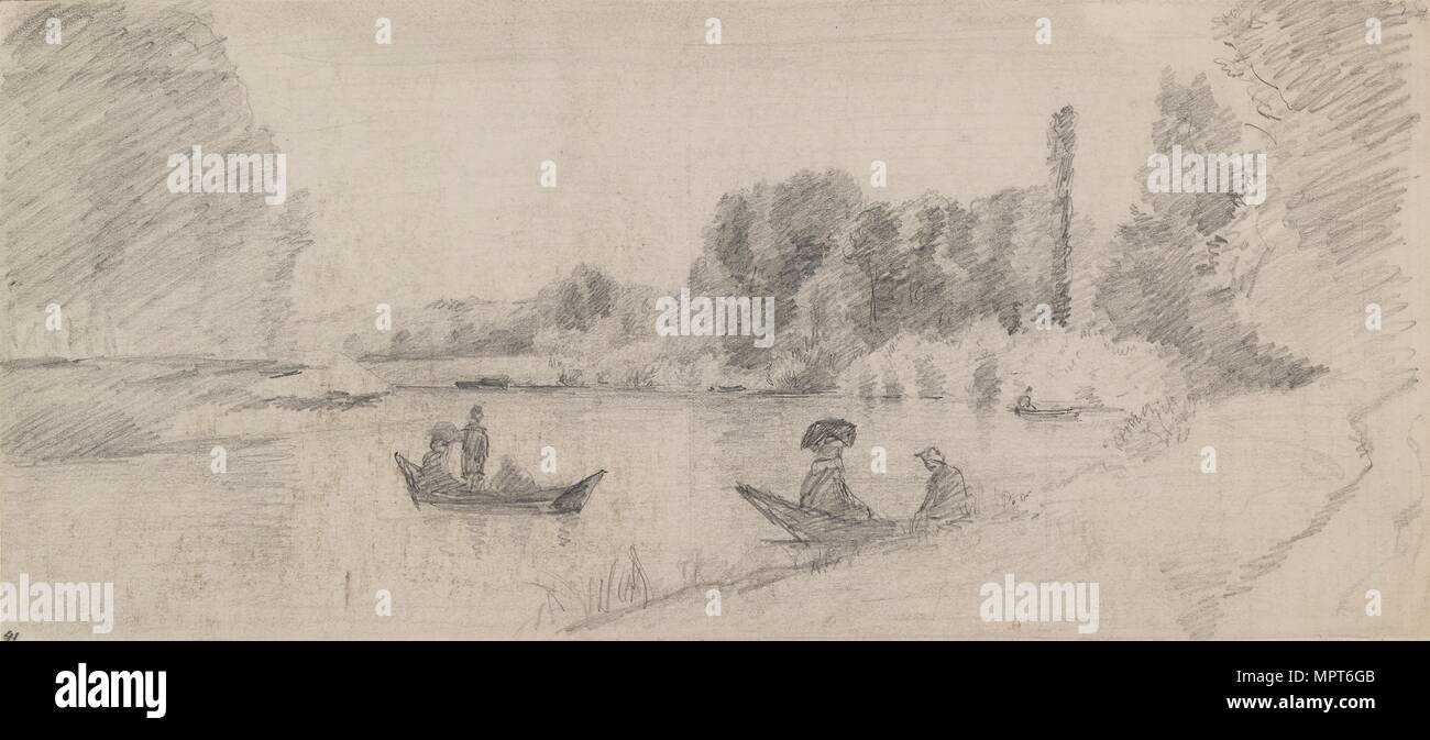 Studie der Flusslandschaft mit Boote, 1863-1864. Artist: Camille Pissarro. Stockfoto