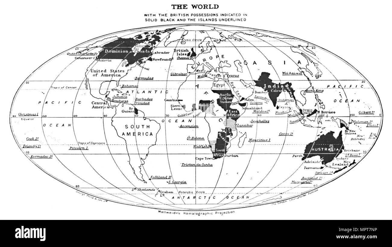 "Die Welt mit den britischen Besitzungen in Schwarz und die Inseln unterstrichen", 1924. Artist: Unbekannt. Stockfoto