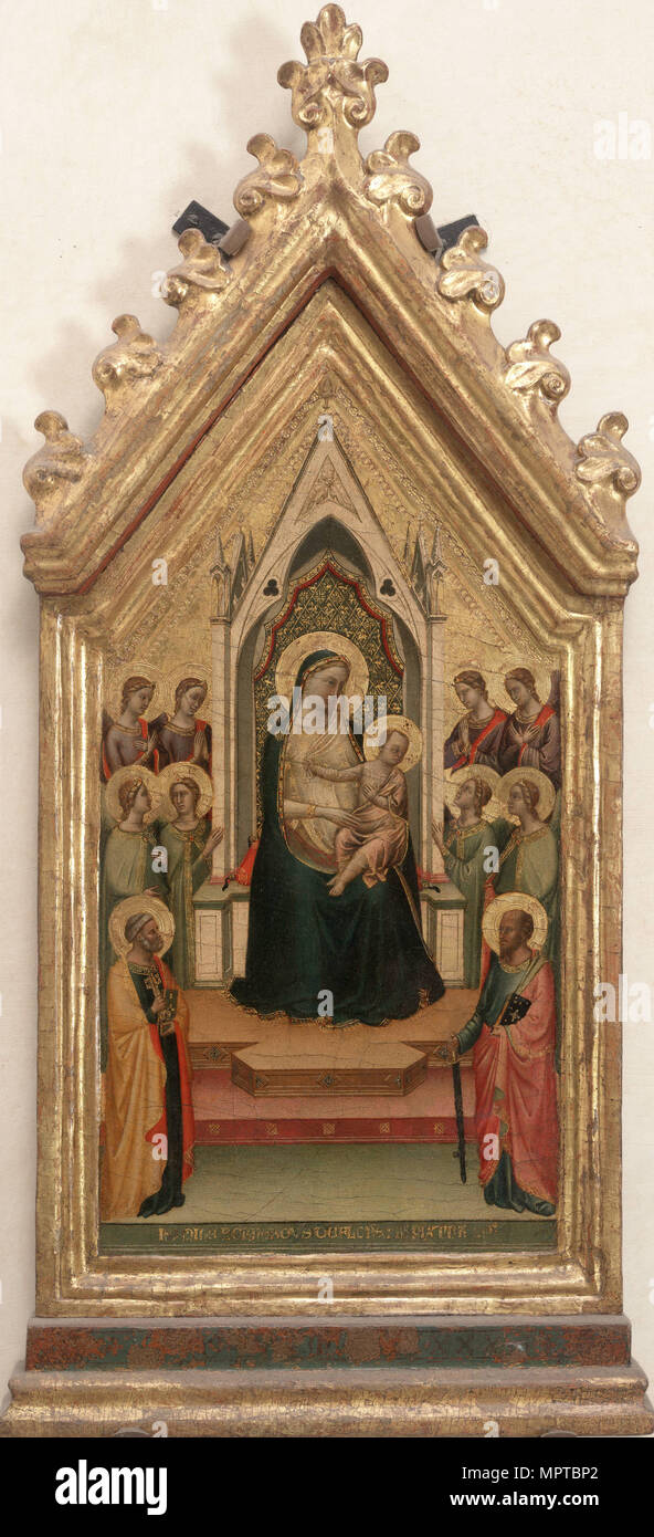 Madonna und Kind mit acht Engel und die Heiligen Petrus und Paulus. Stockfoto