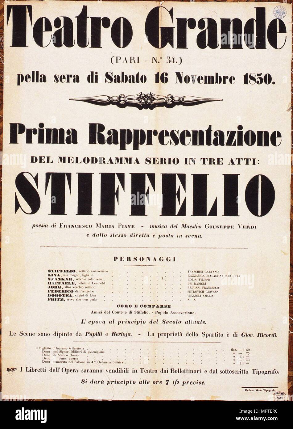 Premiere Plakat für die Oper Stiffelio Giuseppe Verdi in Teatro Grande, Triest, 1850. Stockfoto
