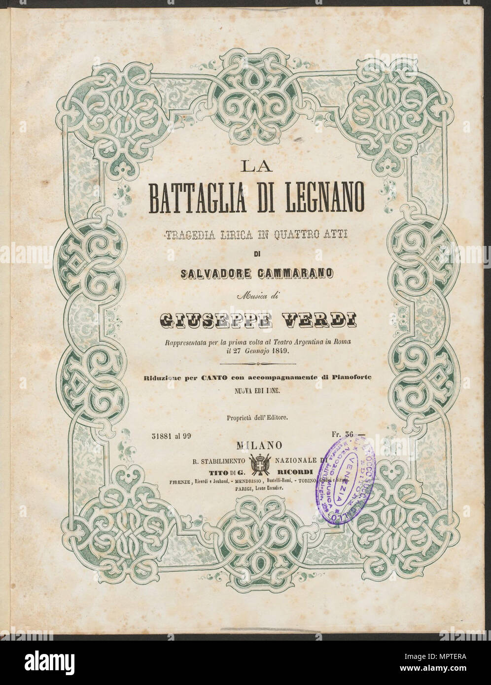 Abdeckung der Vocal score der Oper La battaglia di Legnano von Giuseppe Verdi, 1860. Stockfoto