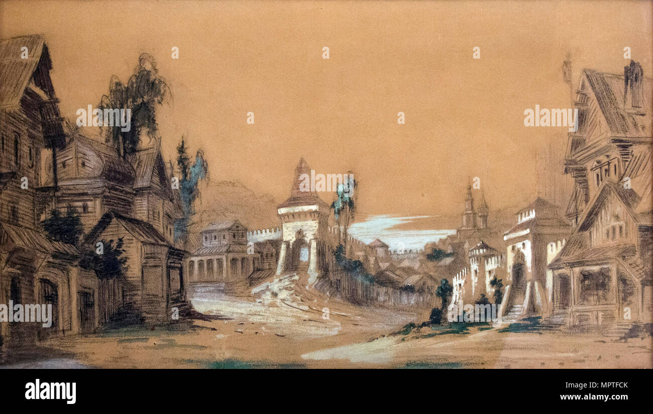 Bühne für das Theaterstück Posadnik von A.Tolstoi, 1878. Stockfoto