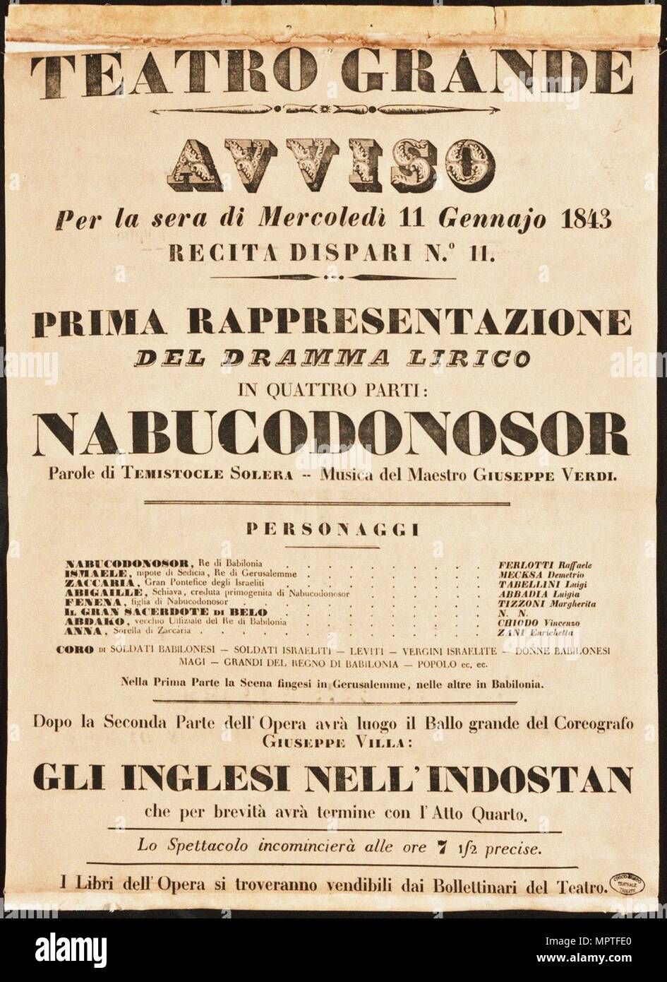 Plakat für die Oper Nabucco von Giuseppe Verdi im Teatro Grande am 11. Januar 1843, 1843. Stockfoto