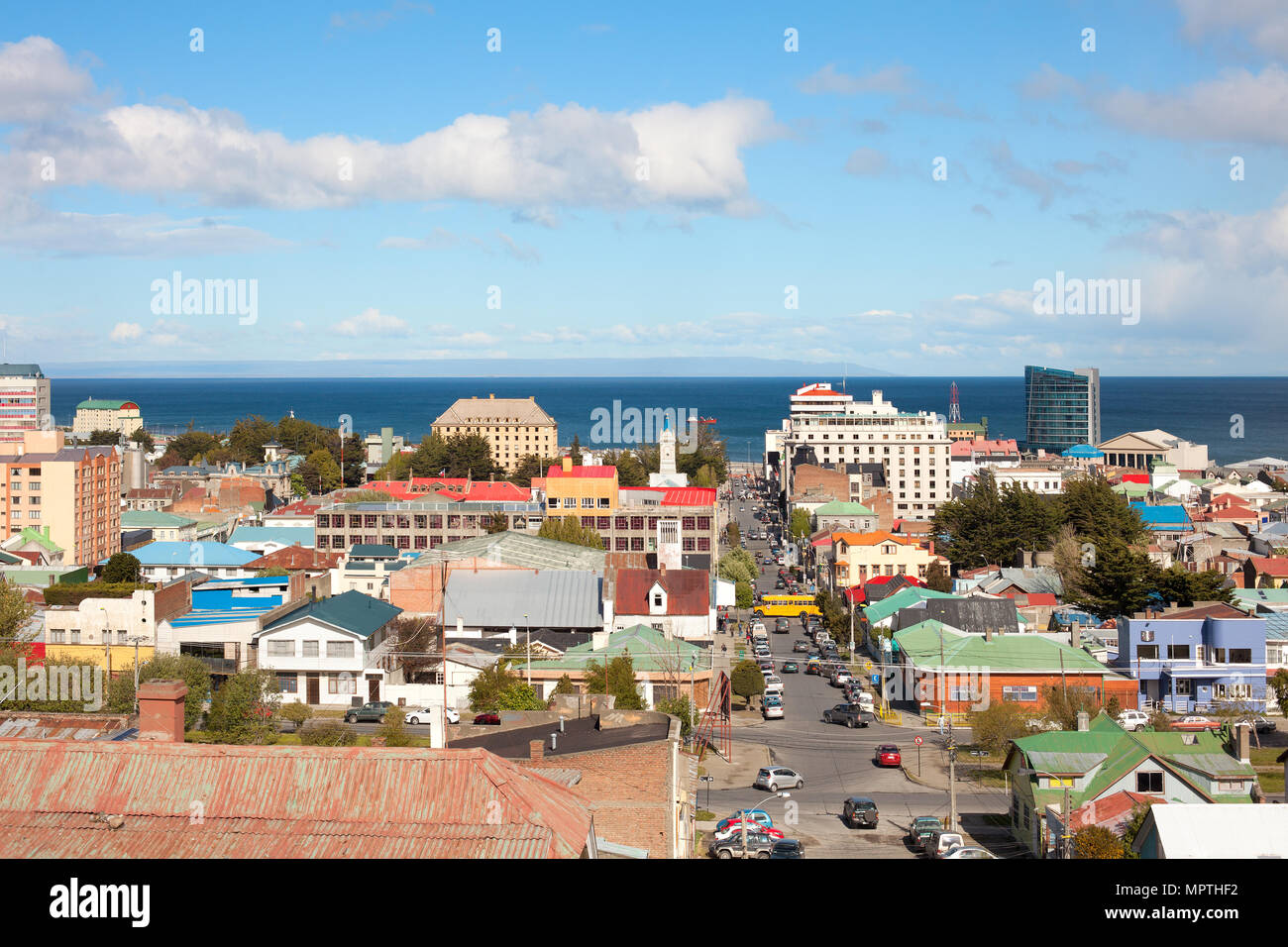 Panoramablick von Punta Arenas, Magallanes Region, Patagonien, Chile Stockfoto