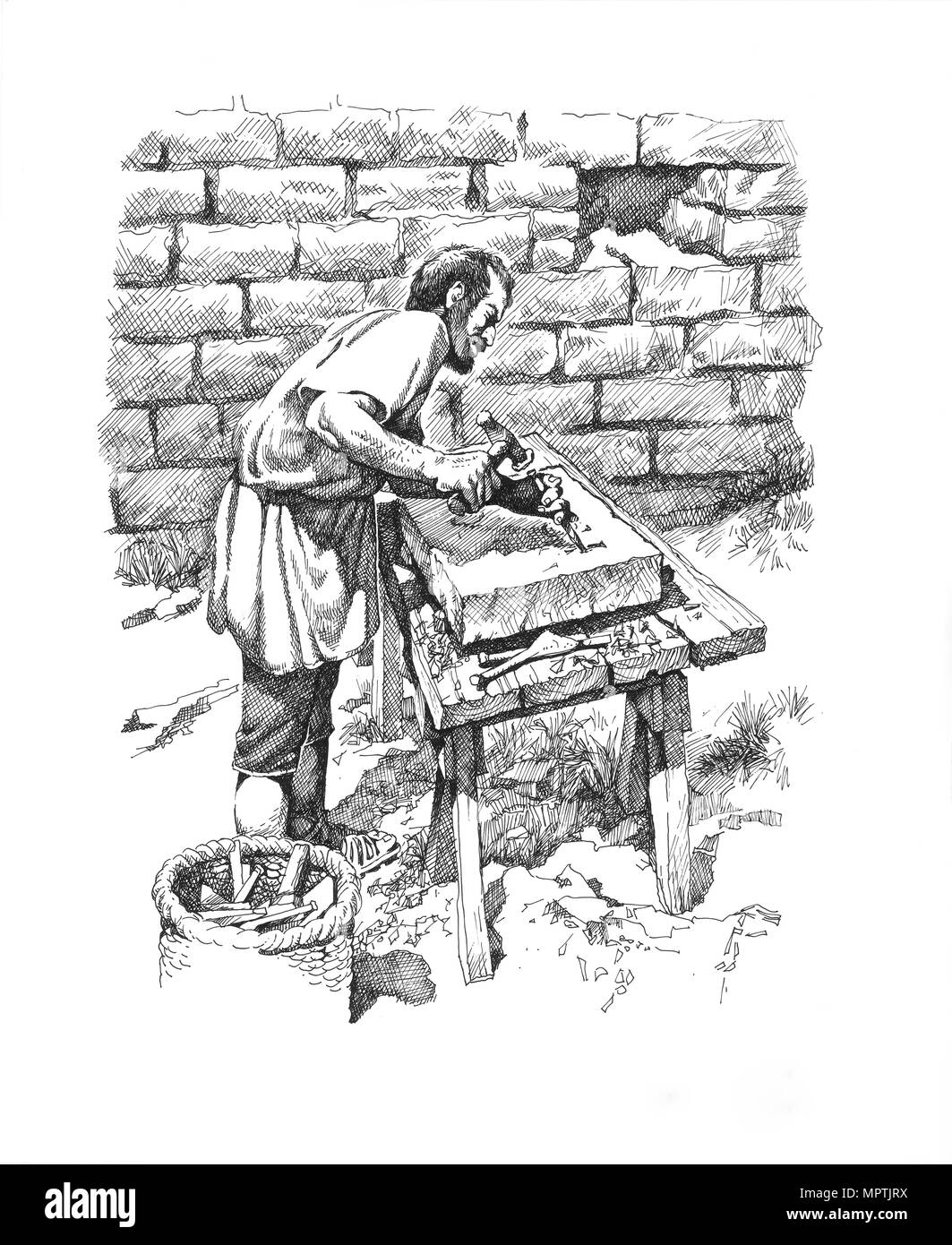 Römischen Steinmetz beschriften eine Tablette, Hadrian's Wall, 2. Jahrhundert (c 1985 - c 2000). Artist: Philip Corke. Stockfoto